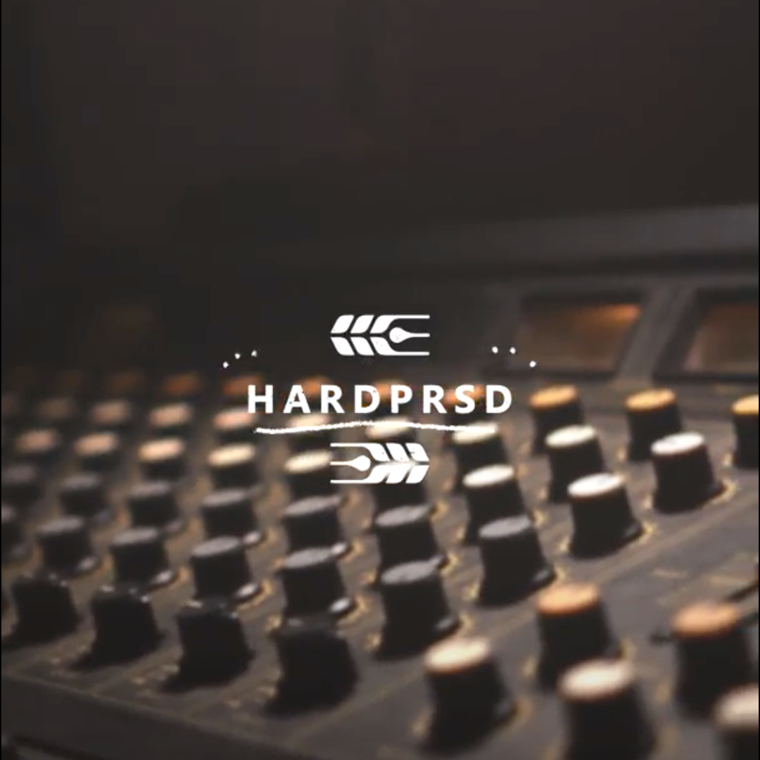 A digital audio workstation overlaid with the Hardpressed logo