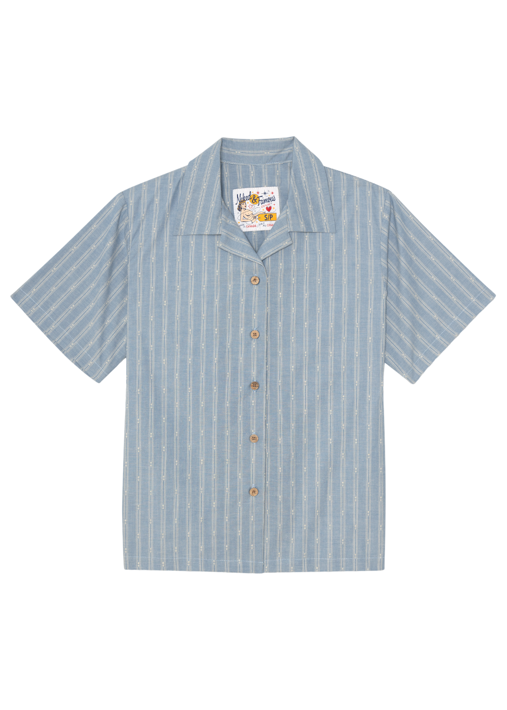 Naked & Famous Denim - Camp Collar Shirt - Vintage Dobby Stripes - Pale Blue