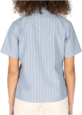 Naked & Famous Denim - Camp Collar Shirt - Vintage Dobby Stripes - Pale Blue - Hardpressed Print Studio Inc.
