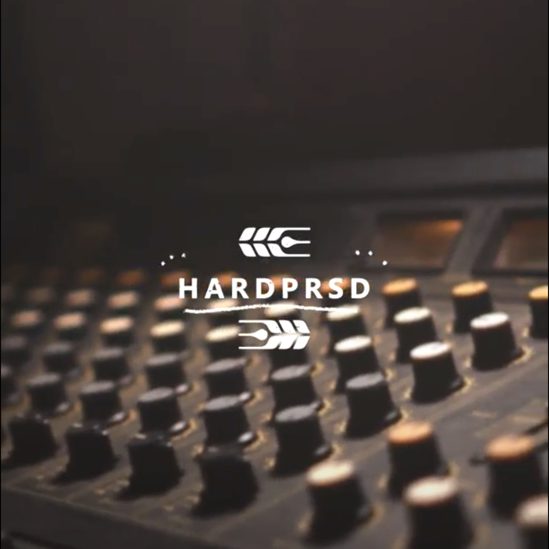 A digital audio workstation overlaid with the Hardpressed logo 