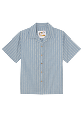 Naked & Famous Denim - Camp Collar Shirt - Vintage Dobby Stripes - Pale Blue - Hardpressed Print Studio Inc.