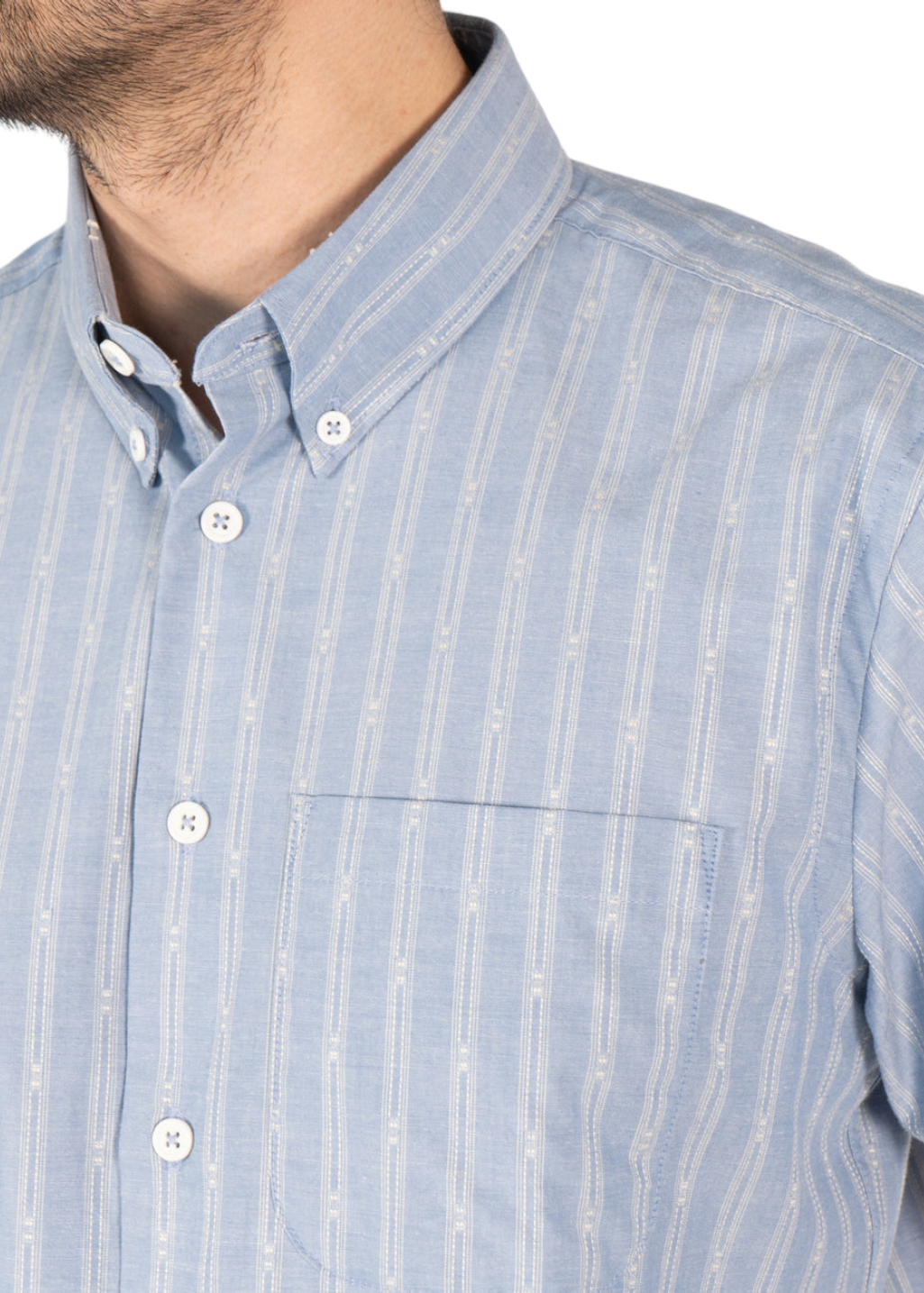 Naked & Famous Denim - Short Sleeve Easy Shirt - Vintage Dobby Stripes - Pale Blue - Hardpressed Print Studio Inc.