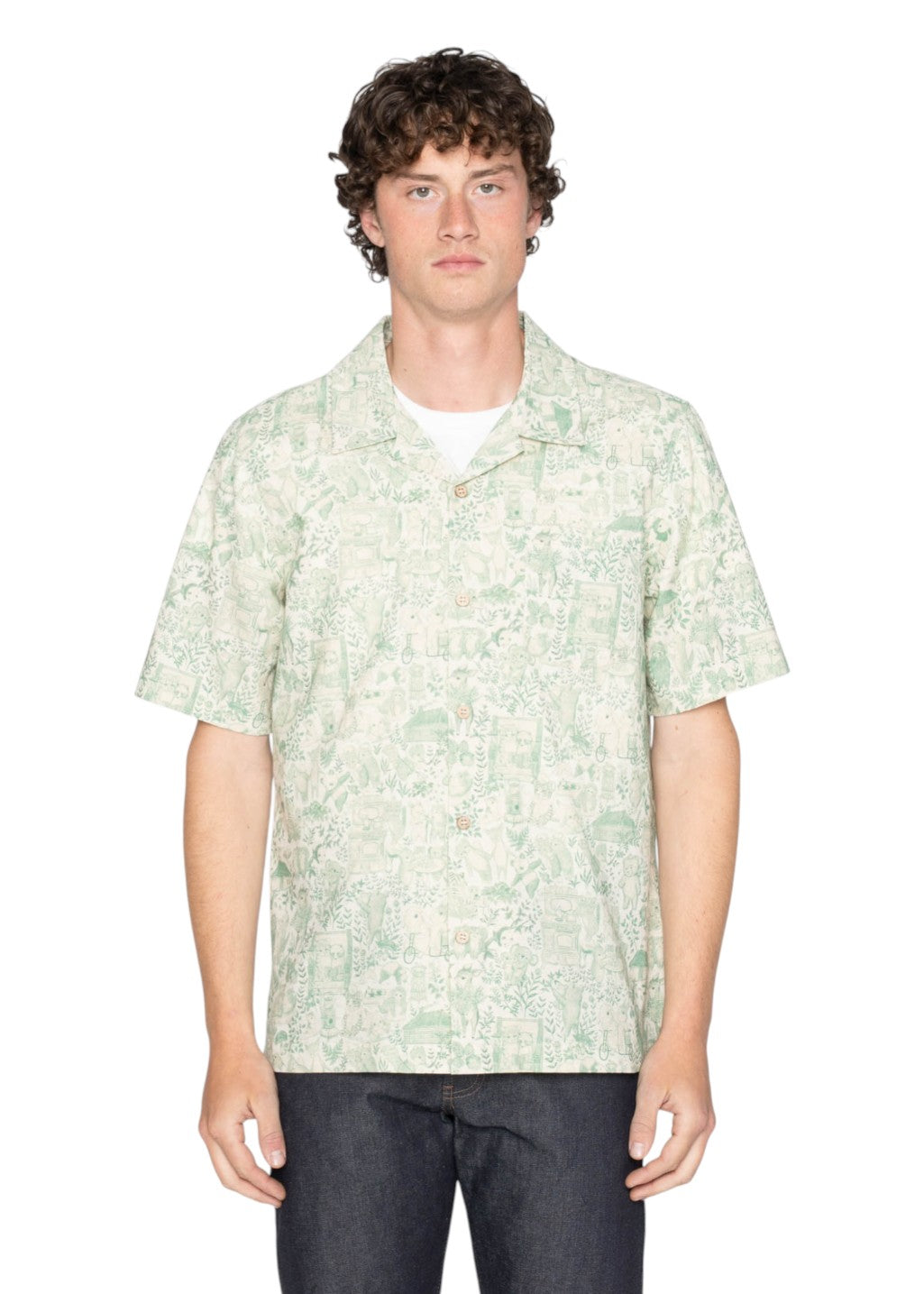 Naked & Famous Denim - Aloha Shirt - Linen Animals - Green