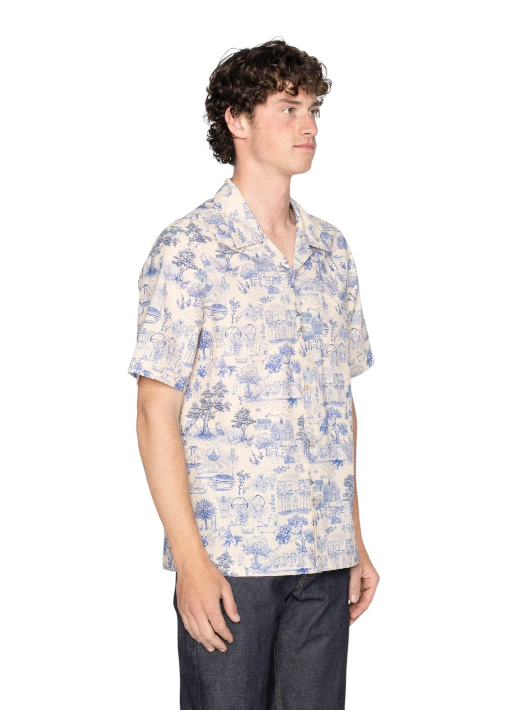 Naked & Famous Denim - Aloha Shirt - Linen Cats - Blue - Hardpressed Print Studio Inc.
