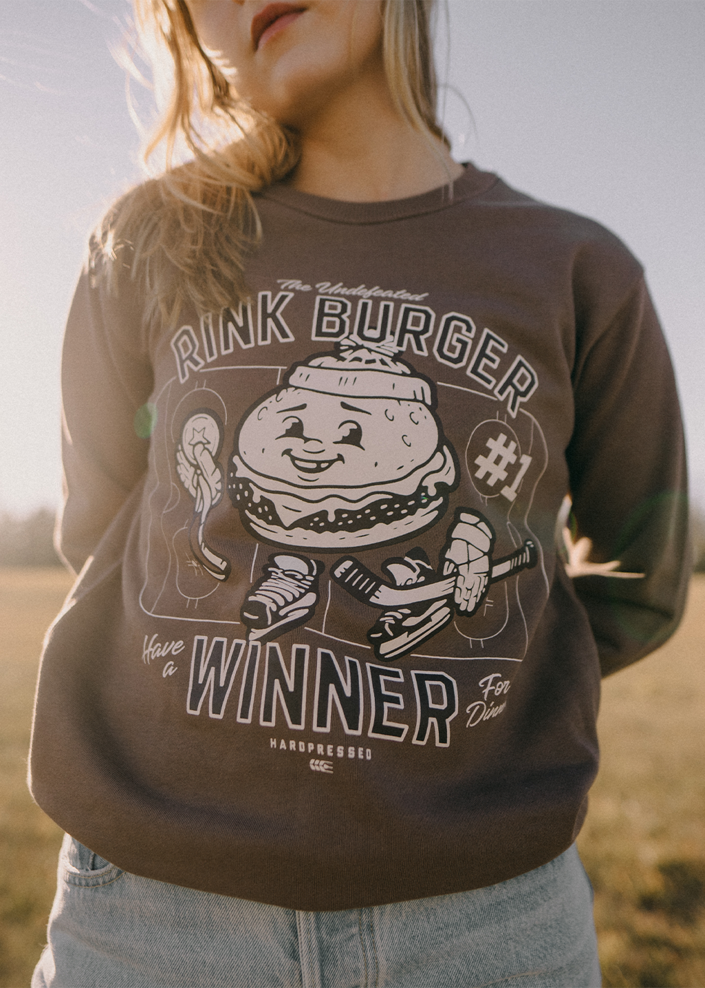 Unisex XS-L, Ladies XS-XL | Rink Burger Crewneck | Toasted | Unisex and Ladies - Hardpressed Print Studio Inc.