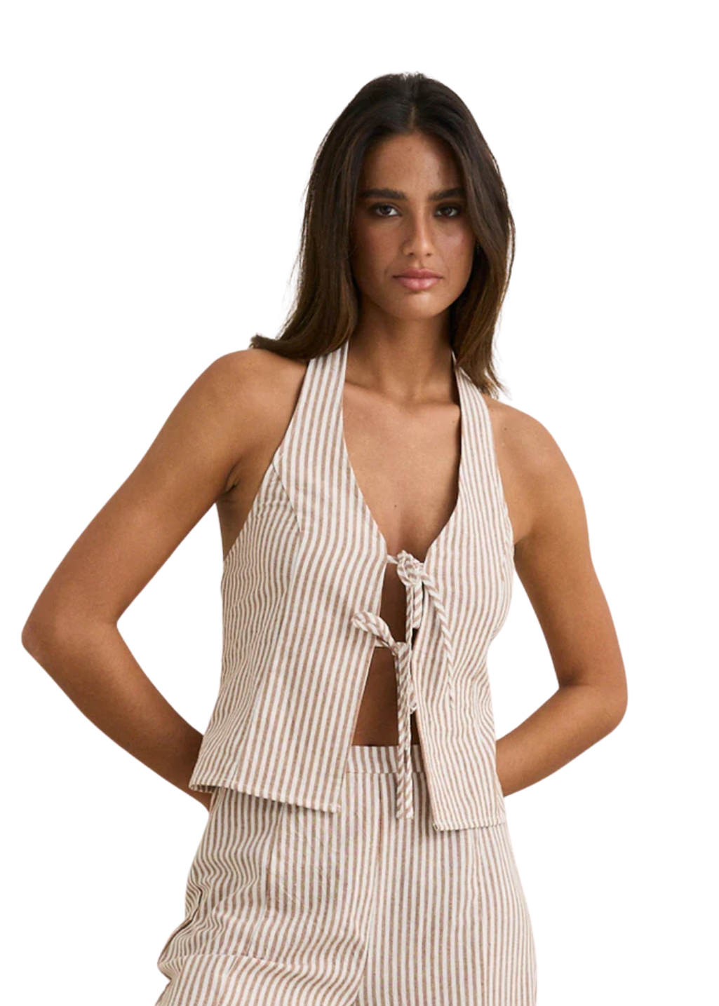 Rhythm - Louise Tie Front Halter Top - Tan