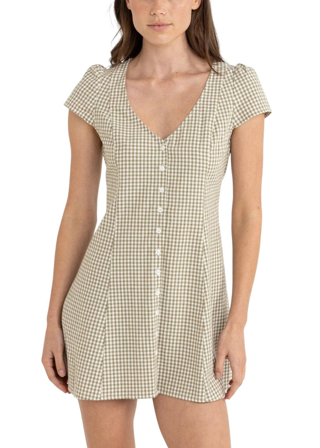 Rhythm - Lola Check Cap Sleeve Mini Dress - Olive