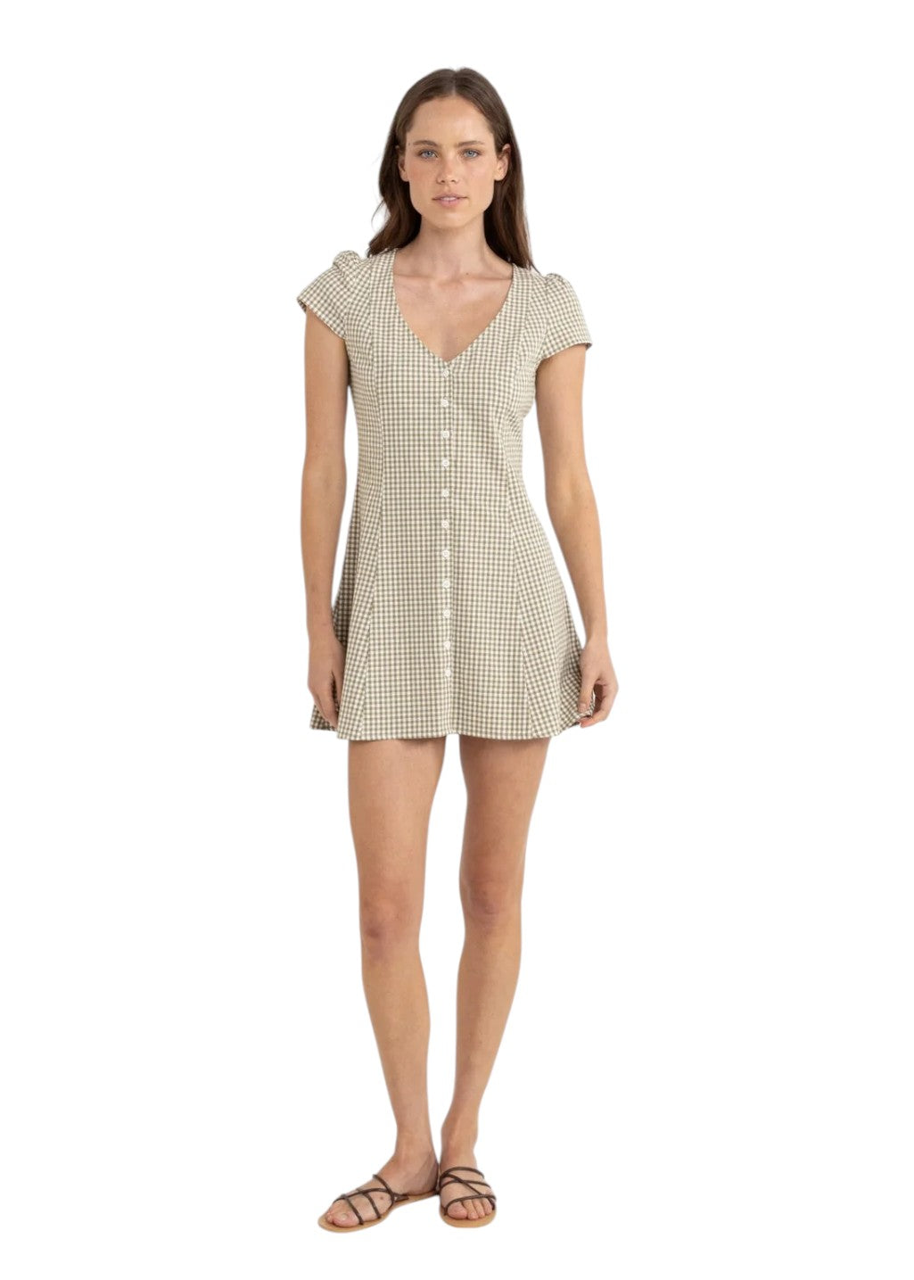 Rhythm - Lola Check Cap Sleeve Mini Dress - Olive