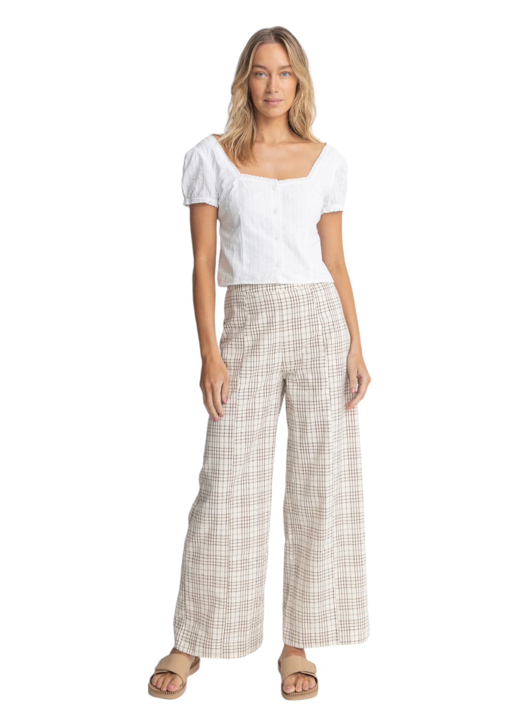 Rhythm - Rumi Check Wide Leg Pant - Natural - Hardpressed Print Studio Inc.