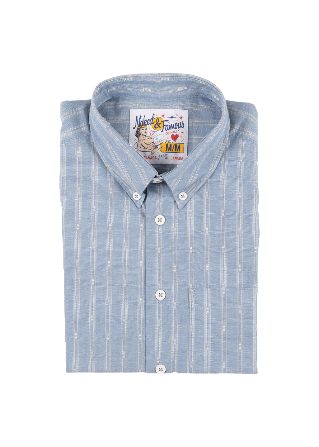 Naked & Famous Denim - Short Sleeve Easy Shirt - Vintage Dobby Stripes - Pale Blue - Hardpressed Print Studio Inc.