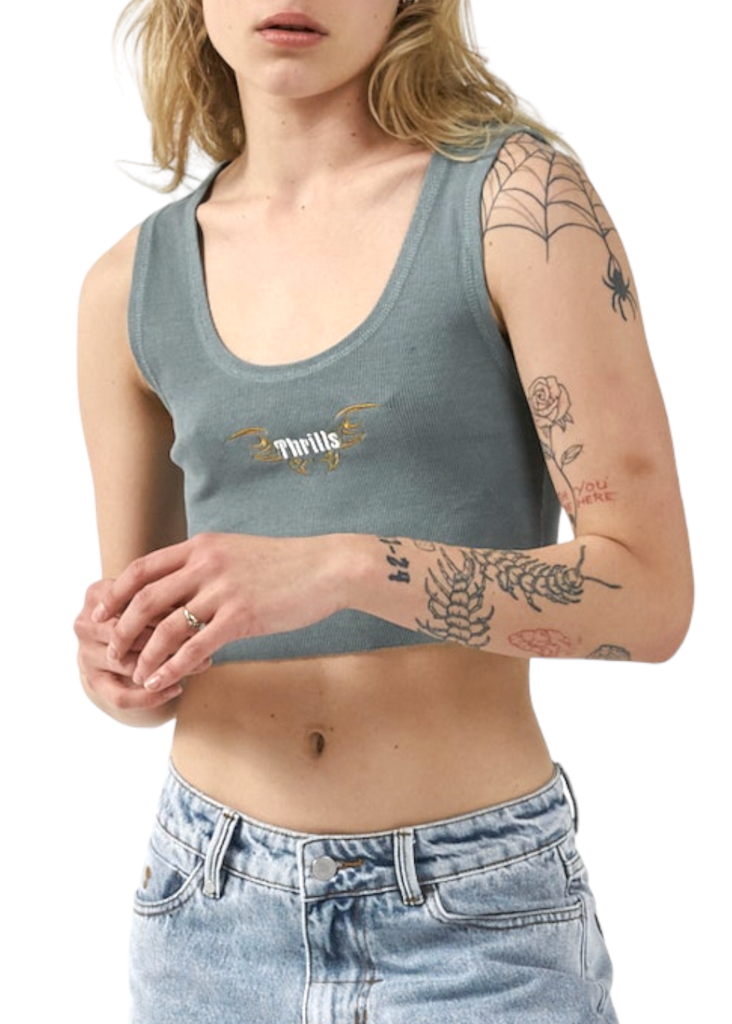 THRILLS - Golden Wings Crop Rib Singlet - Scrubs Green - Hardpressed Print Studio Inc.